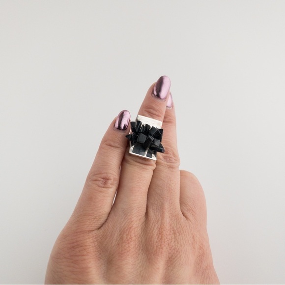 Vintage Modernist Sterling Silver Black Onyx Stone Chip Ring Handmade 925 Size 6 - Picture 7 of 10